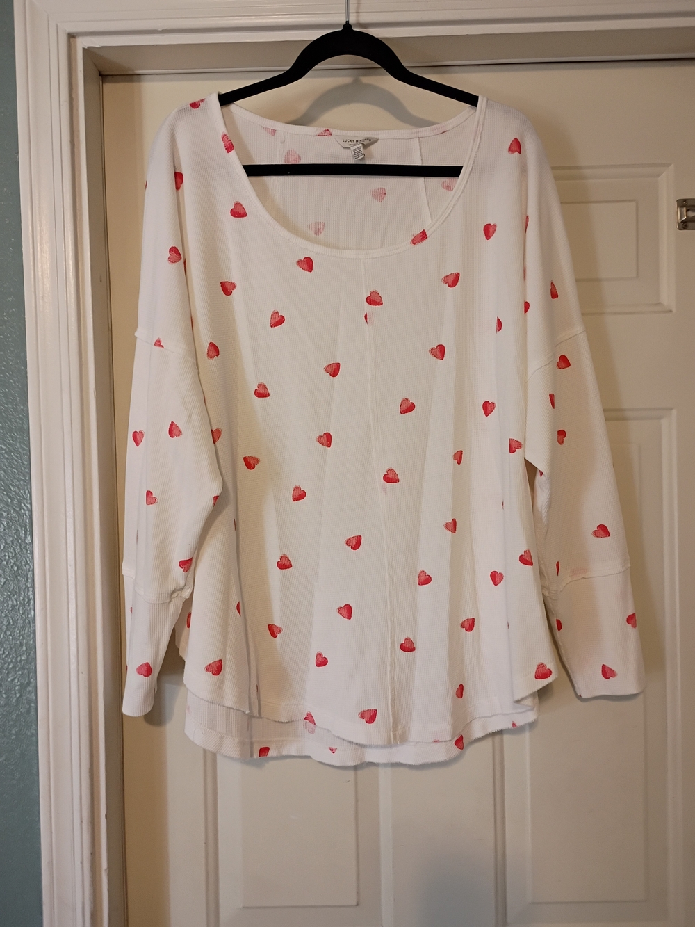 Lucky Brand Plus Size White/Pink Hearts Long Sleeve Waffle Knit Top Size 3X